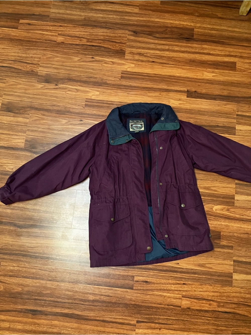 Pacific Trail Maroon Plaid Jacket with Dark Green Trim